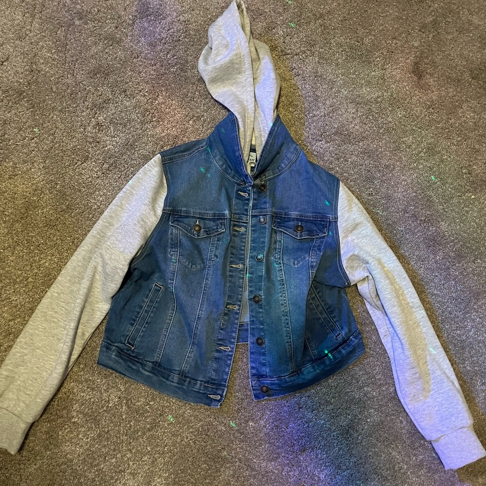 Amazon Blue and Gray Jean Jacket with Hoodie